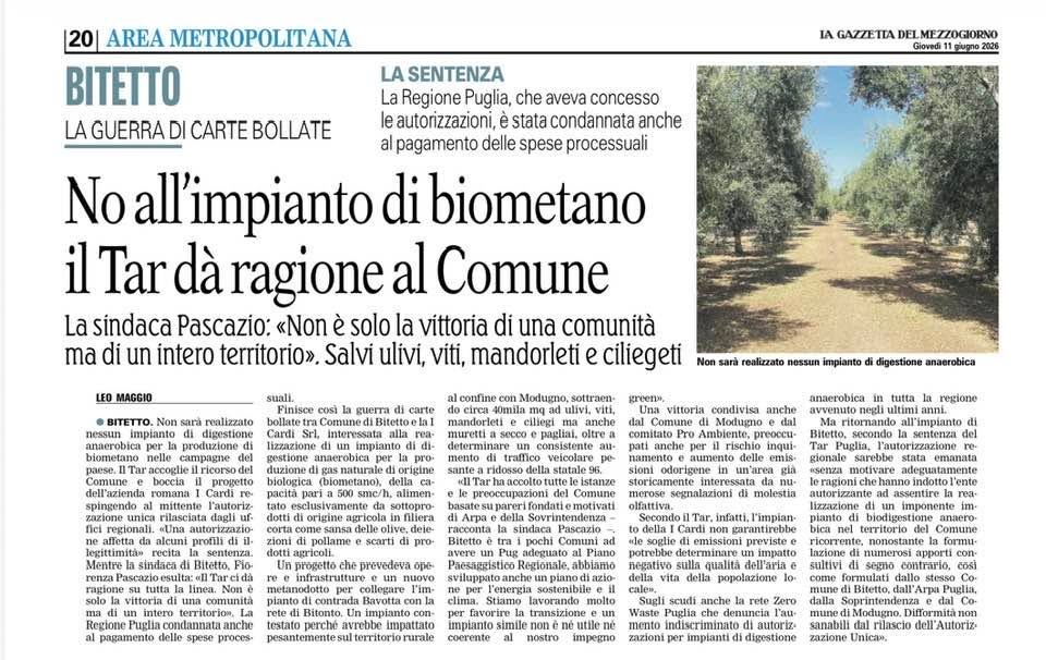 Portada de La Gazzetta del Mezzogiorno de l'11/06/2026 amb la notícia de la sentència del TAR de la Pulla contra la planta de biometà d'I Cardi Srl.