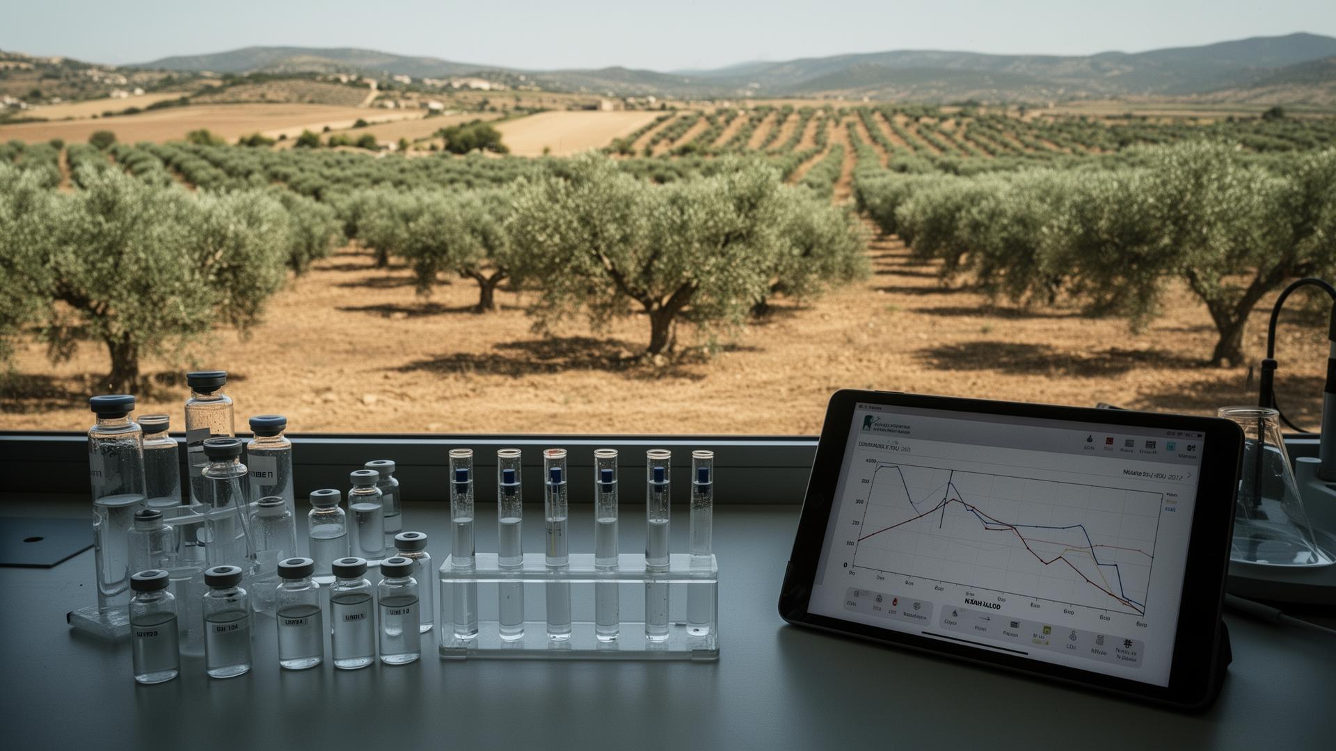 Recreació il·lustrativa: anàlisi de mostres d'aigua subterrània sobre el paisatge d'olivers de les Garrigues, dins la zona vulnerable 6 per nitrats d'origen agrari.