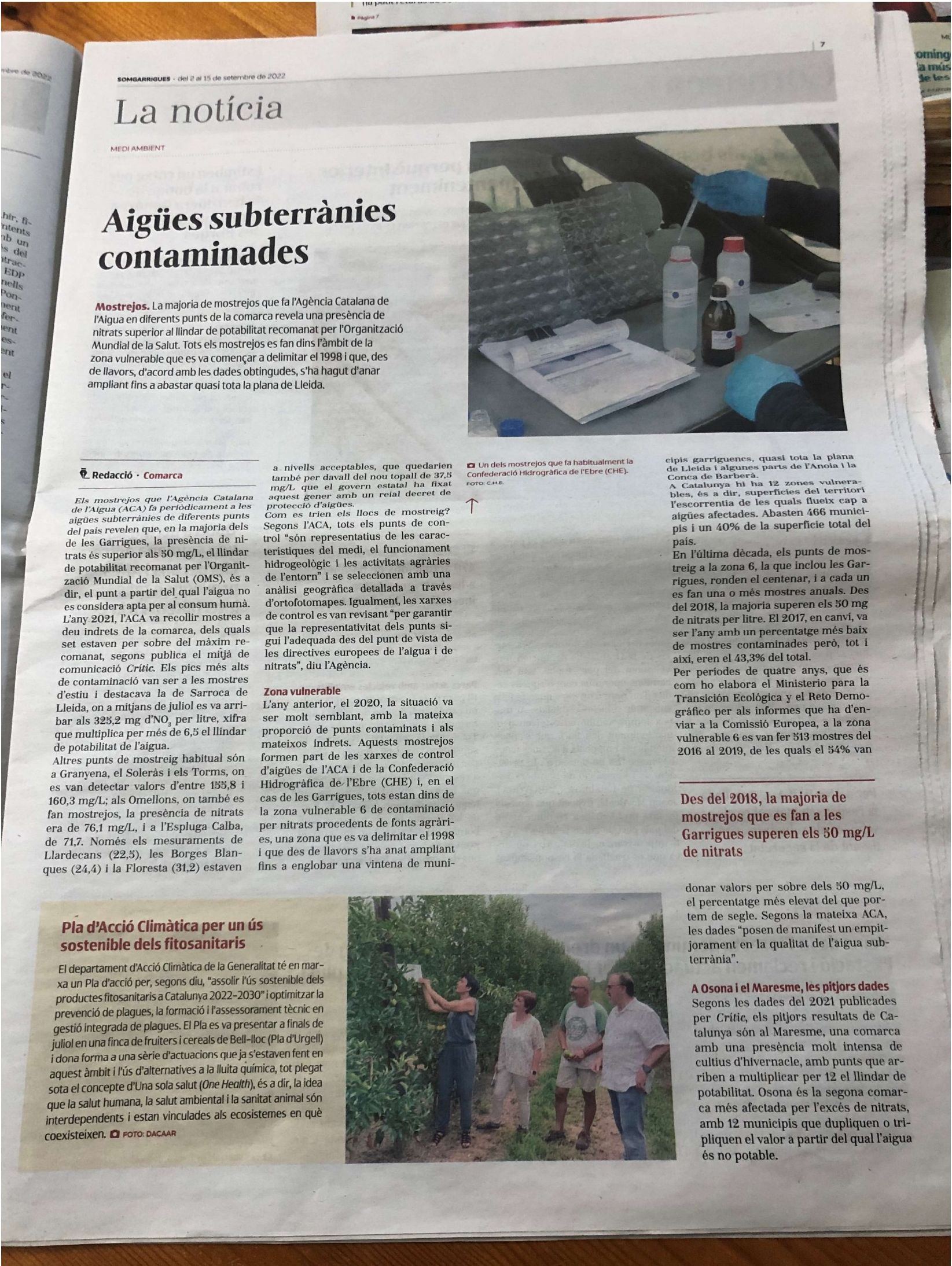 Aigües subterrànies a les Garrigues: 7 de cada 10 mostrejos superen el llindar de potabilitat